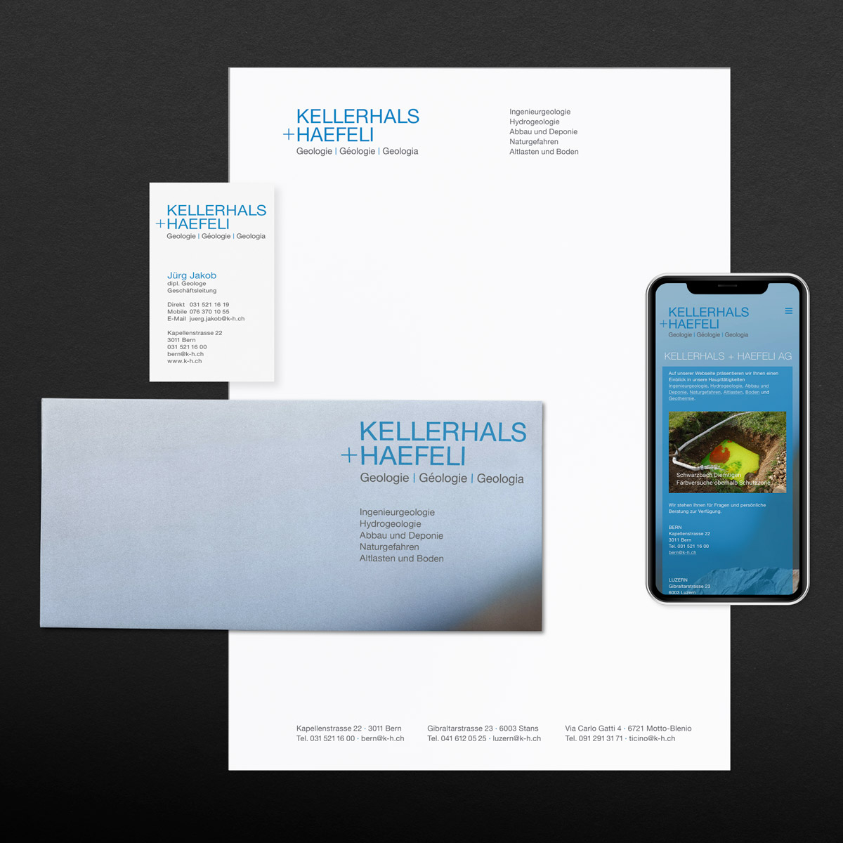 Corporate Identity mit Webseite, Breifbogen, Flyer und Visitenkarte Kellerhals und Häfeli